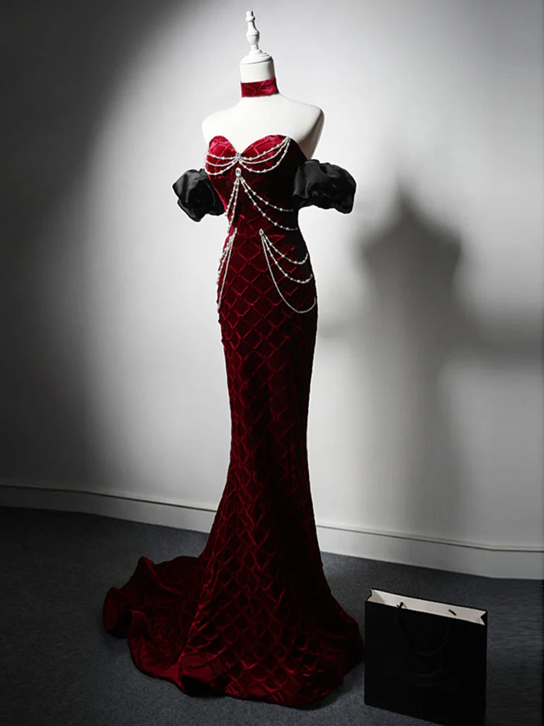 Mermaid Sweetheart Neck Velvet Burgundy Long Prom Dress with Beads - Deanwangkt