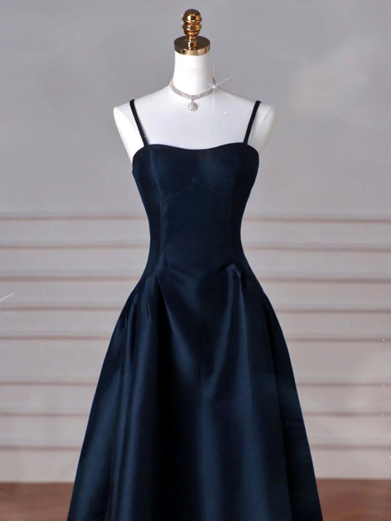 Simple A-Line Dark Blue Satin Long Prom Dress, Dark Blue Long Formal Dress - Deanwangkt