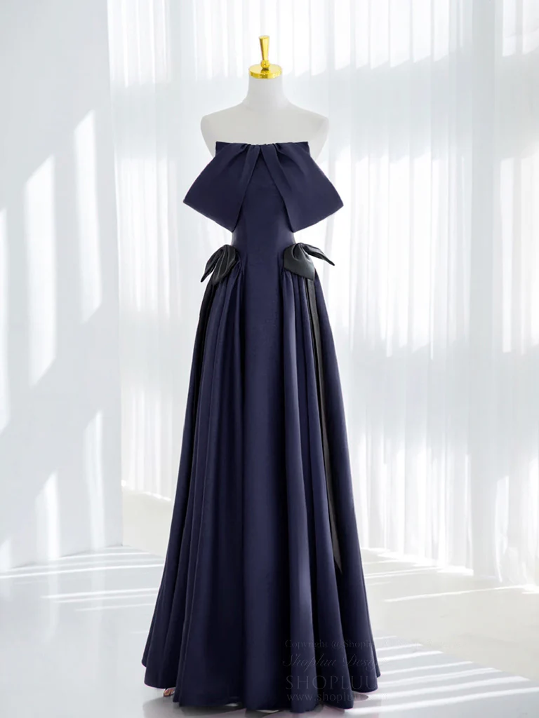 A-Line Satin Dark Blue Long Prom Dress, Dark Blue Long Formal Dress - Deanwangkt
