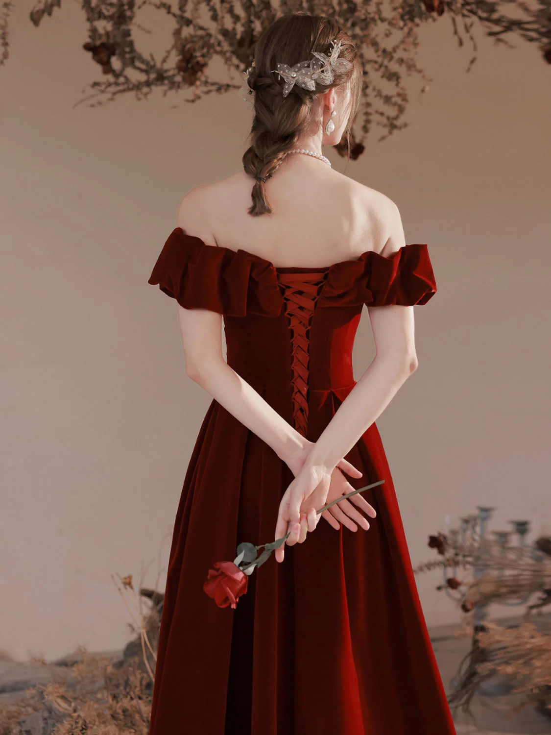 A-Line Off Shoulder Velvet Burgundy Long Prom Dress, Burgundy Evening Dresses - Deanwangkt