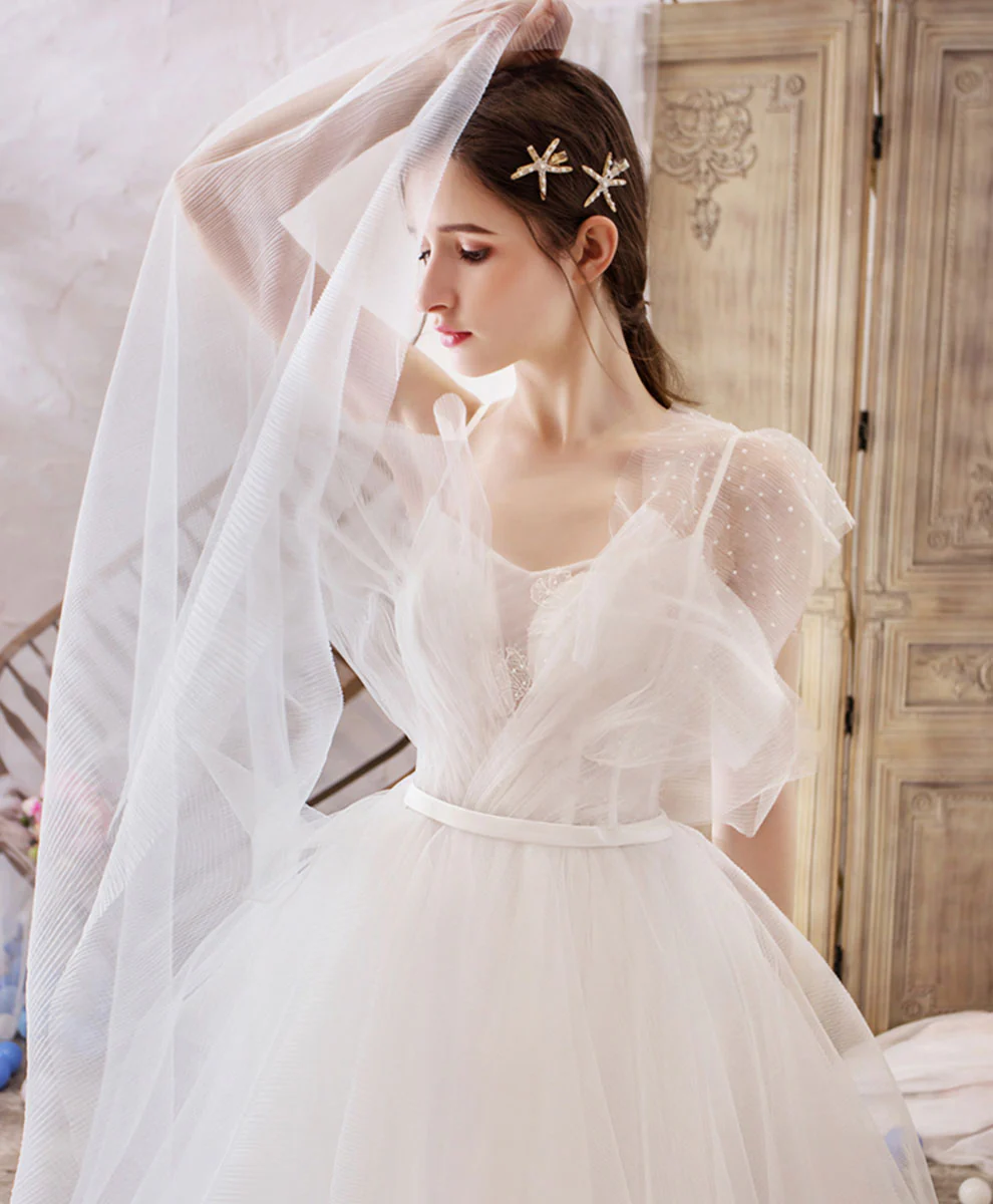 White V Neck Tulle Lace Long Wedding Dress Lace Bridal Dress - Deanwangkt