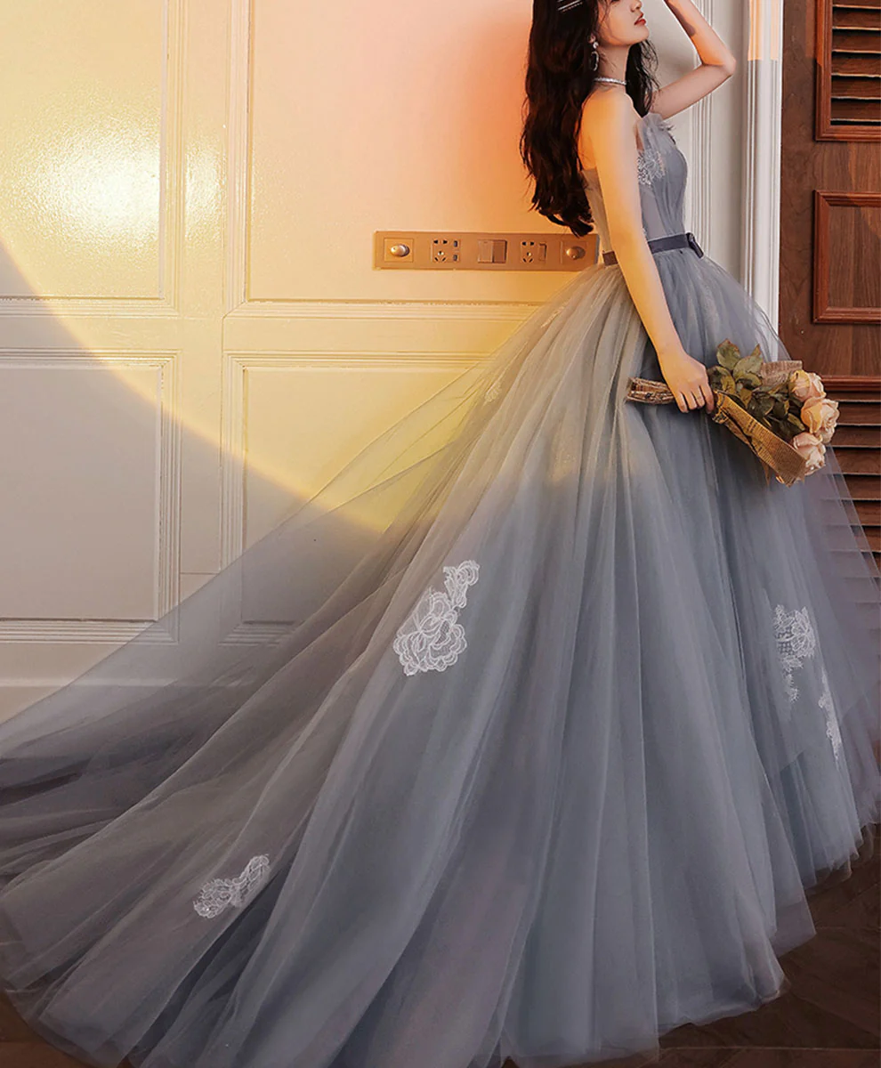 Gray Tulle Lace Long Prom Dress Gray Tulle Formal Dress - Deanwangkt