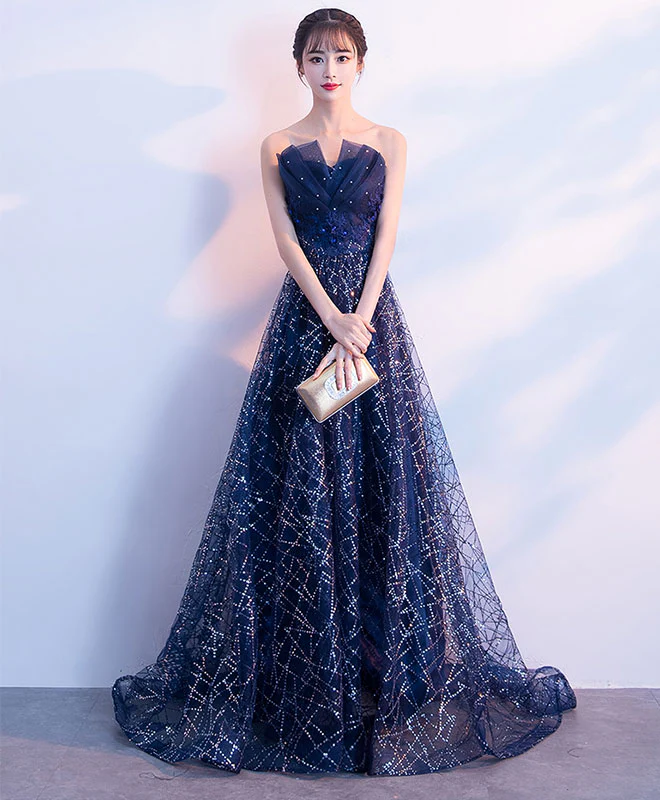 Elegant Blue Lace Tulle Long Prom Dress, Blue Evening Dress - Deanwangkt