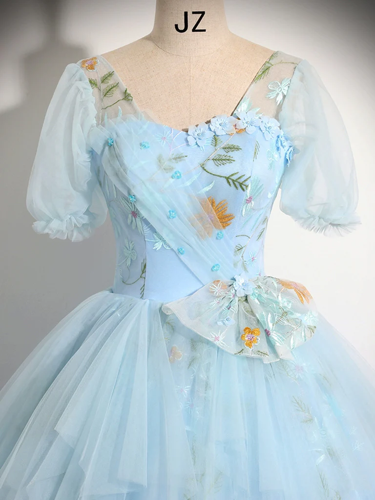 A-Line V Neck Tulle Lace Blue Long Prom Dress, Blue Lace Long Formal Dress - Deanwangkt