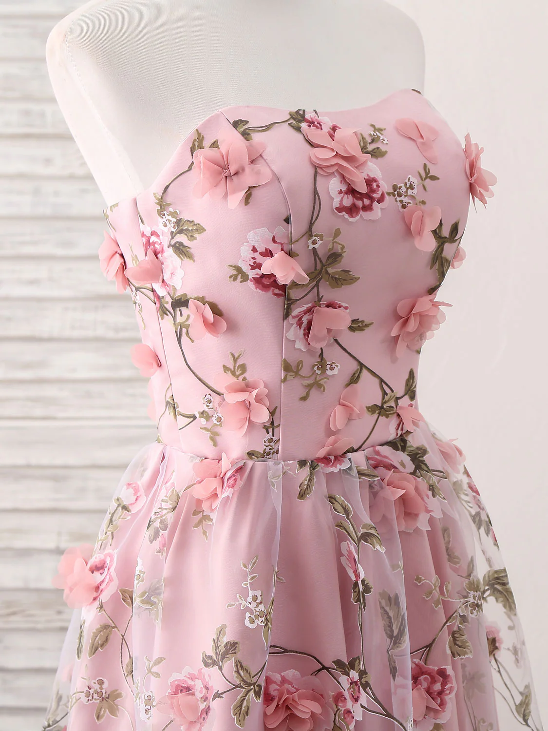 Pink Sweetheart Neck Tulle 3D Applique Long Prom Dress, Pink Evening Dress - Deanwangkt