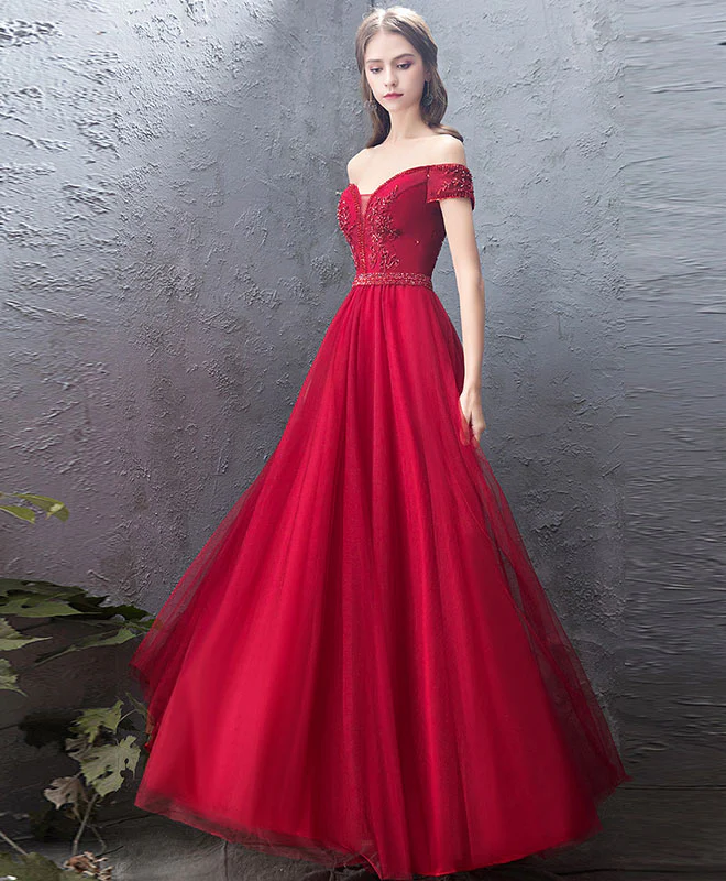 Burgundy Sweetheart Off Shoulder Long Prom Dress, Burgundy Evening Dress - Deanwangkt