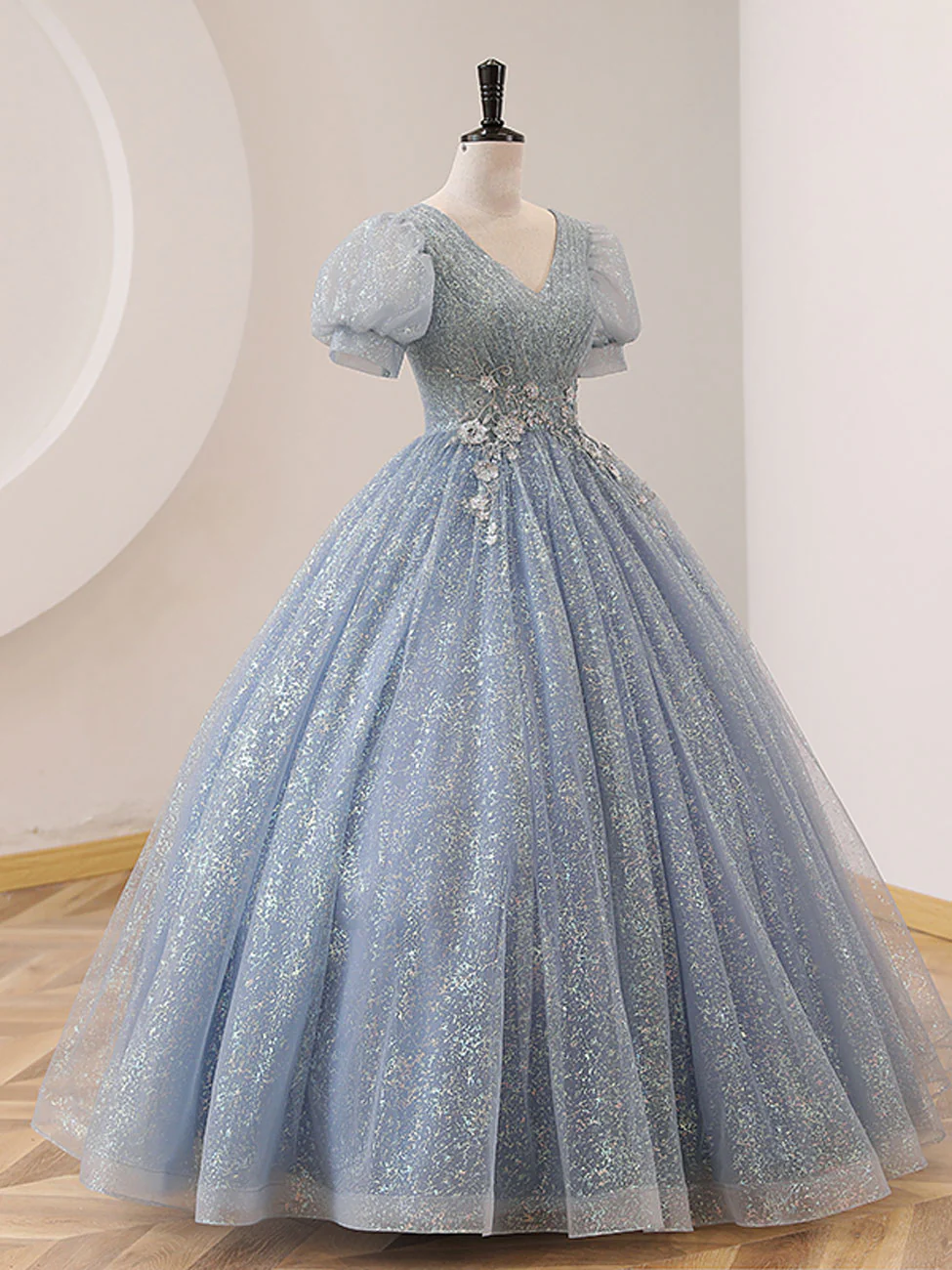V Neck Tulle Sequin Gray Blue Long Prom Dress, Gray Blue Formal Sweet 16 Dress - Deanwangkt