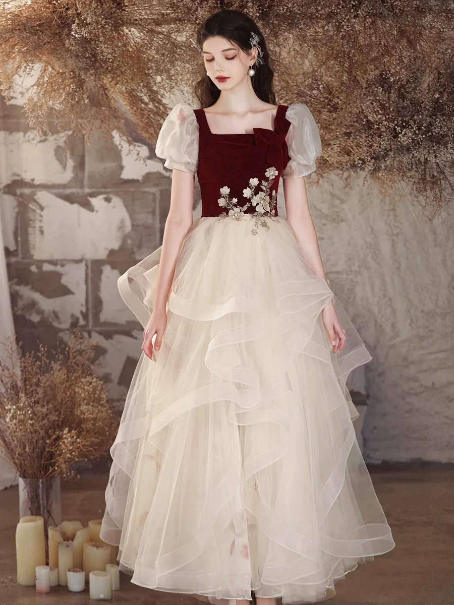 A-Line Tulle Velvet Burgundy/Champagne Long Prom Dress, Cute Sweet 16 Dress - Deanwangkt