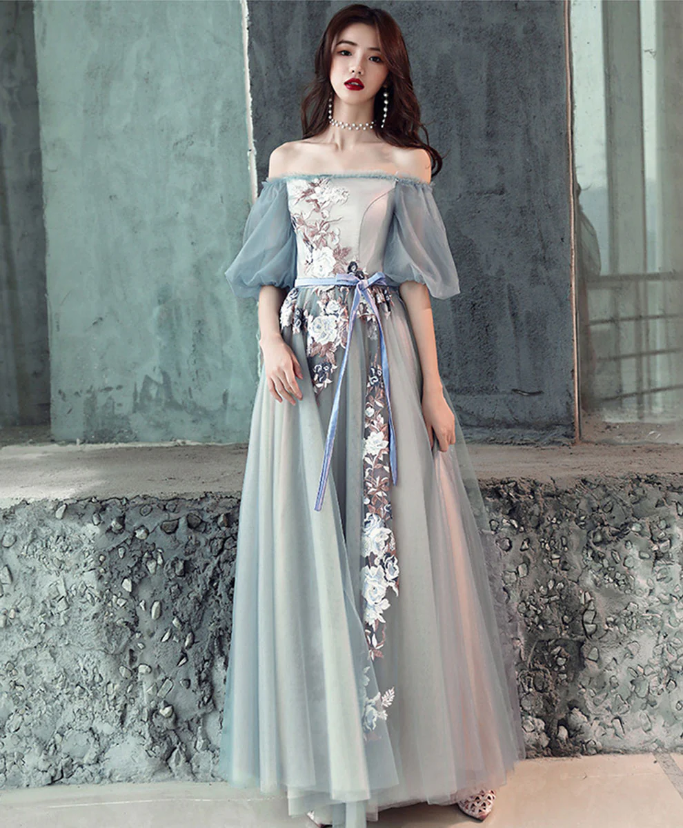 Gray Blue Tulle Lace Long Prom Dress, Gray Blue Evening Dress - Deanwangkt