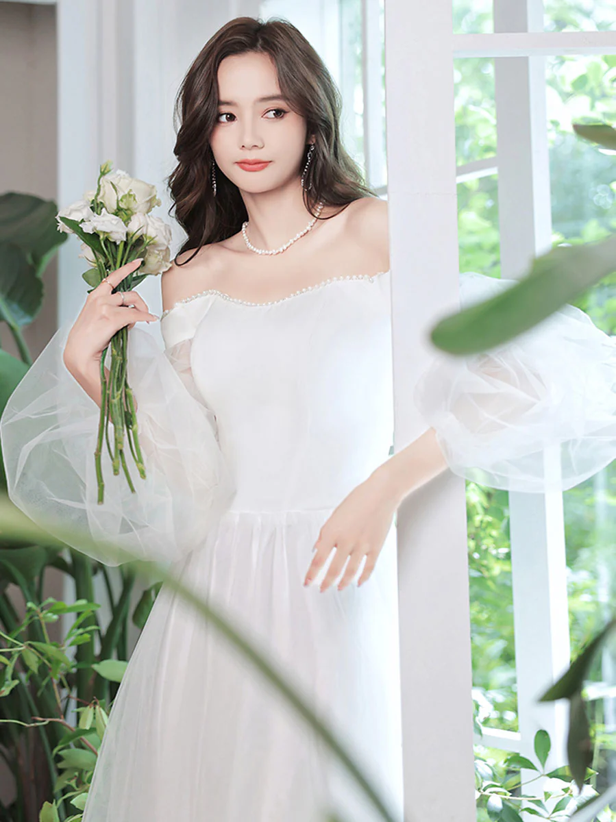 Simple White Tulle Long Prom Dress, White Formal Dresses - Deanwangkt