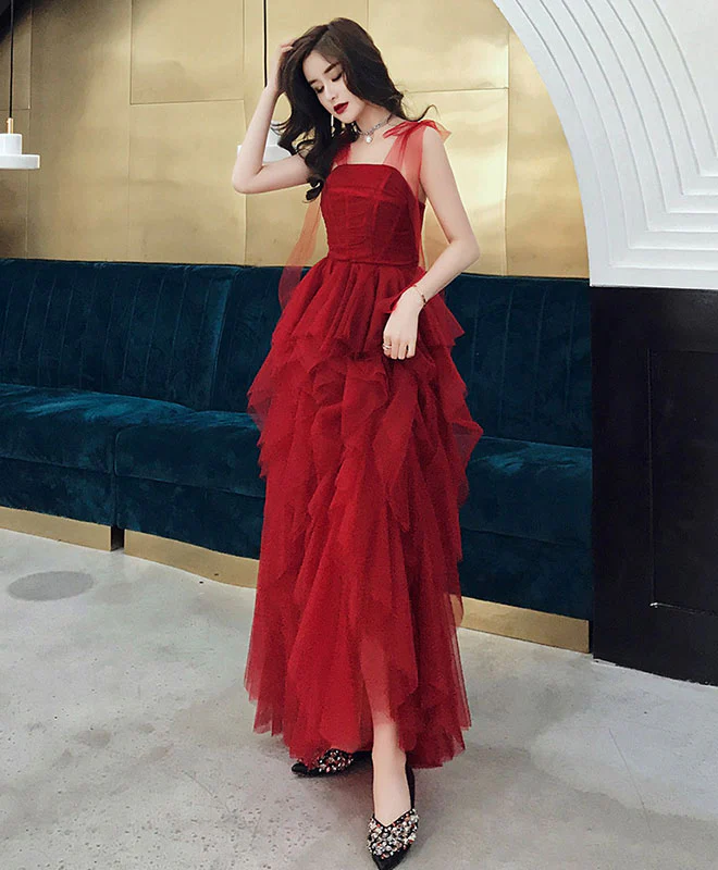 Burgundy Sweetheart Tulle Long Prom Dress, Burgundy Evening Dress - Deanwangkt