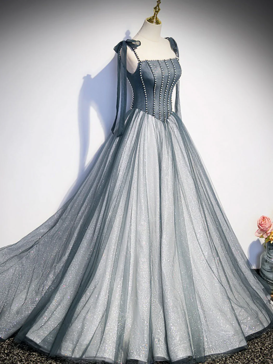 A Line Gray Long Prom Dresses, Tulle Gray Formal Graduation Dress with Beading - Deanwangkt