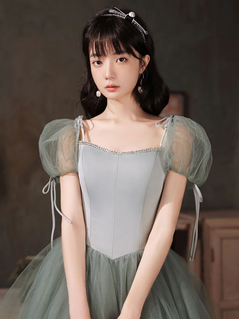 Gray Green Tulle Long Prom Dress, Green Tulle Formal Dress - Deanwangkt