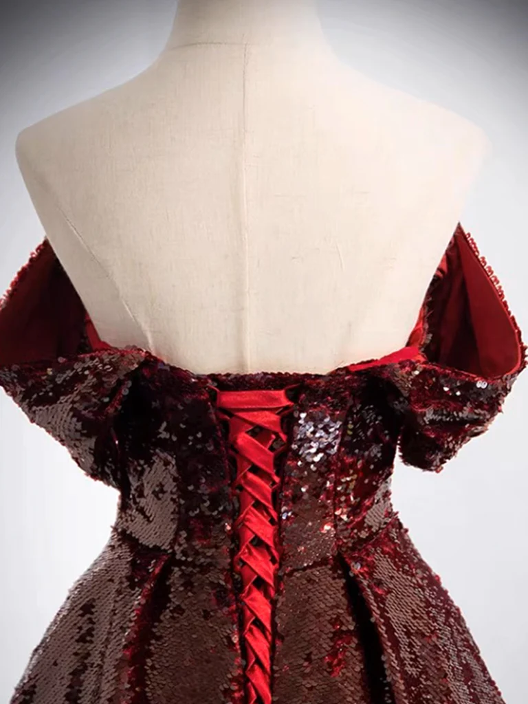 A-Line Tulle Sequin Burgundy Long Prom Dress, Off Shoulder Burgundy Formal Dress - Deanwangkt