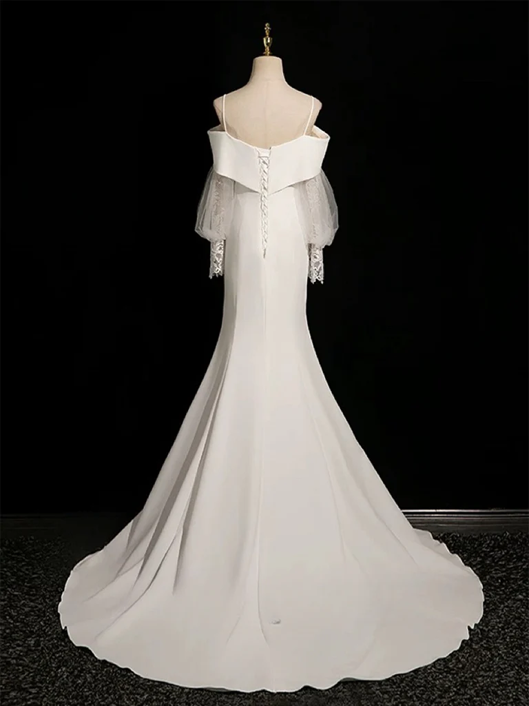 White Long Sleeve Lace Long Prom Dress, White Long Bridal Dress - Deanwangkt