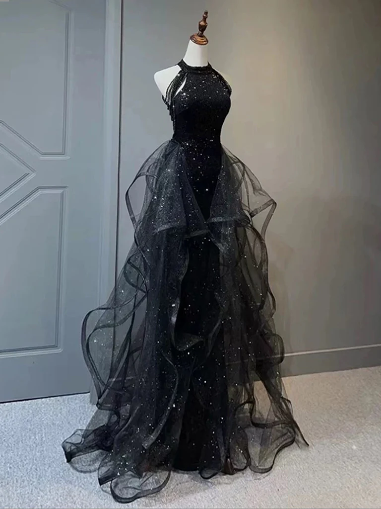 A-Line Tulle Sequin Black Long Prom Dress, Black Long Formal Dress - Deanwangkt