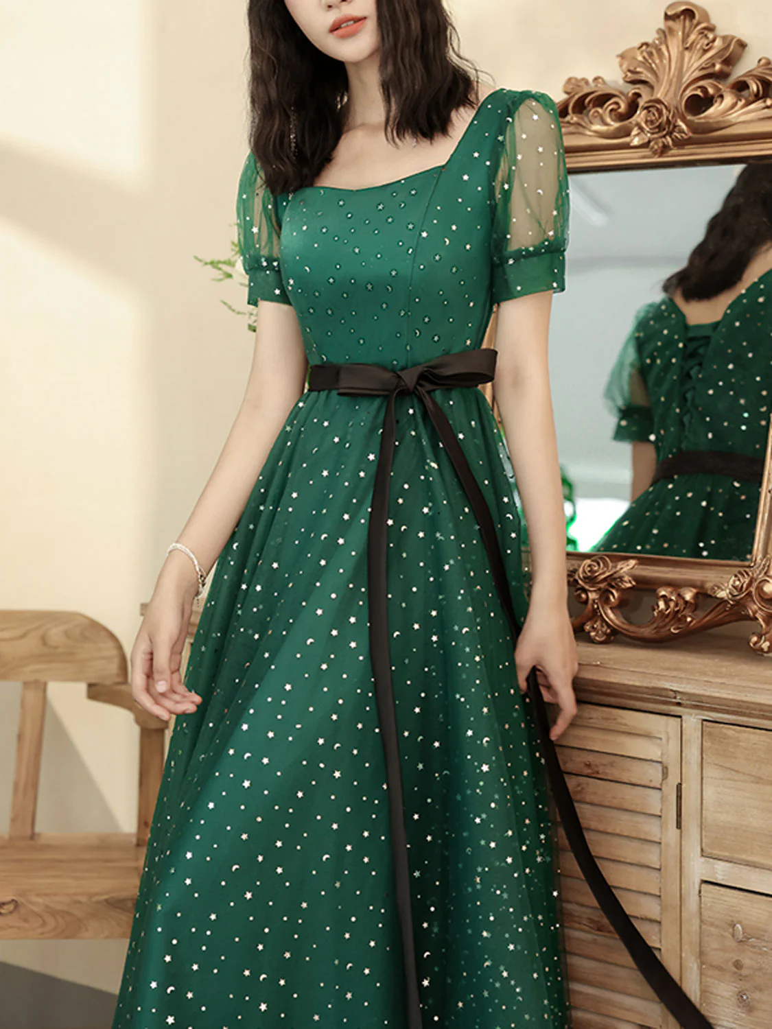 Green A line Long Prom Dress, Green Tulle Long Formal Dress - Deanwangkt