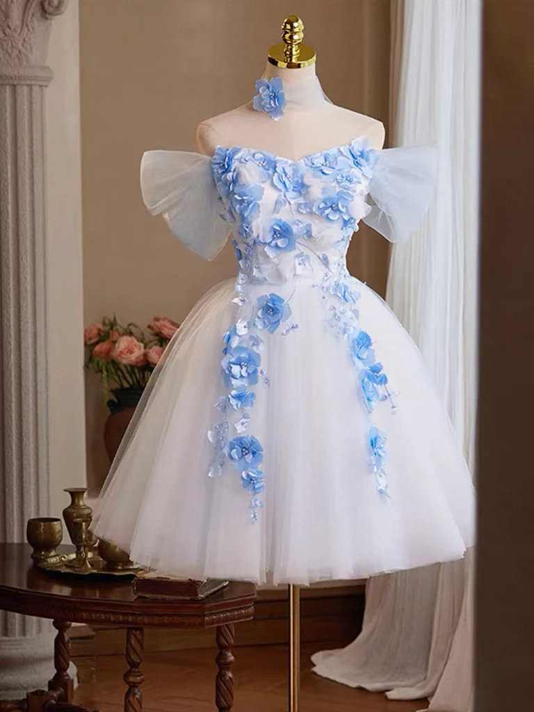 A-Line Tulle Flower White Short Prom Dress, White Homecoming Dress - Deanwangkt