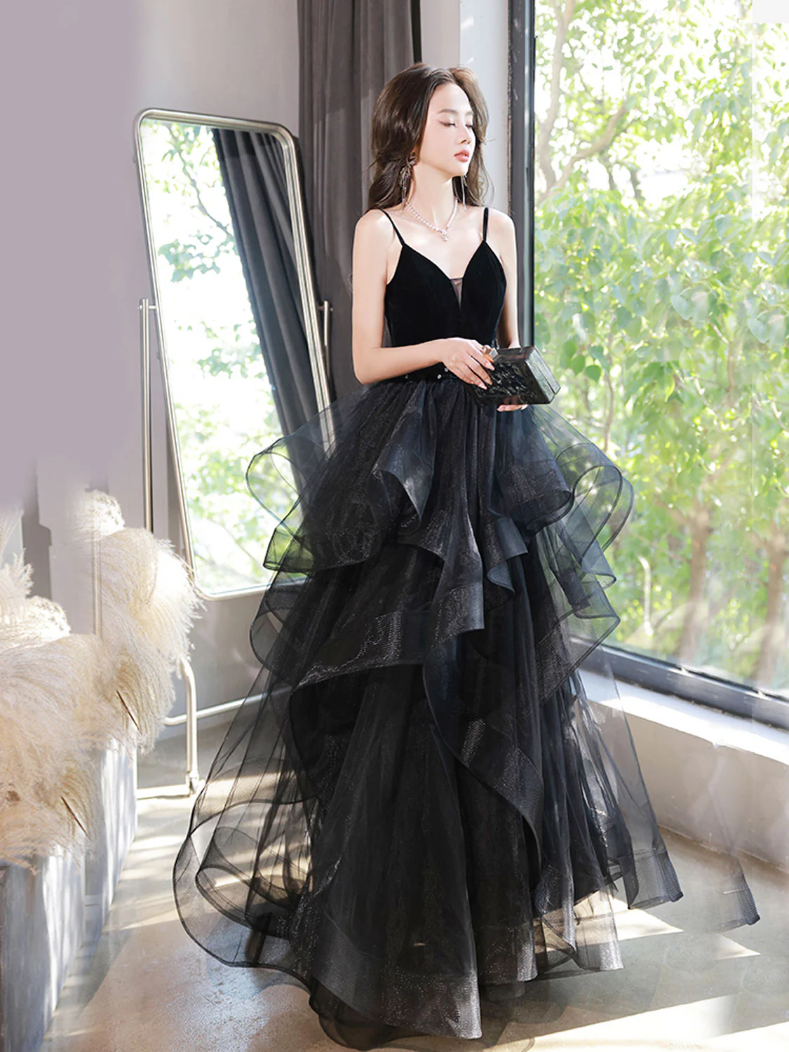 Black V Neck Tulle Long Prom Dresses, Black Formal Evening Dress - Deanwangkt