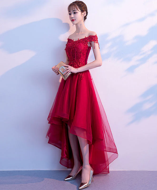 Burgundy Tulle Lace Prom Dress, Burgundy Tulle Evening Dress - Deanwangkt