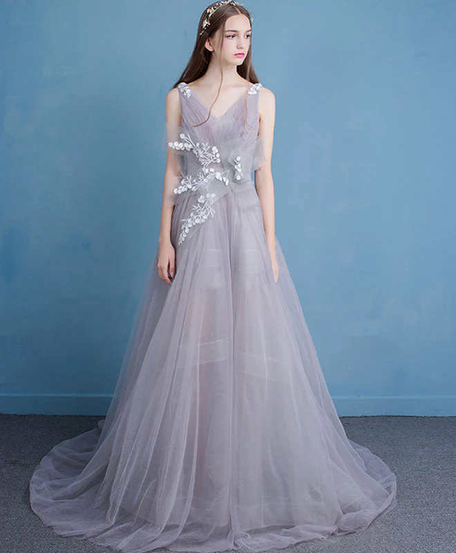 Unique V Neck Tulle Long Prom Dress, Tulle Long Evening Dresses - Deanwangkt