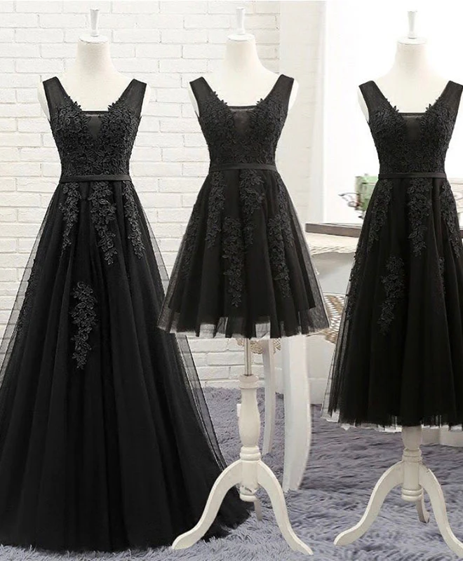 Black V Neck Tulle Lace Prom Dress, Lace Evening Dress - Deanwangkt