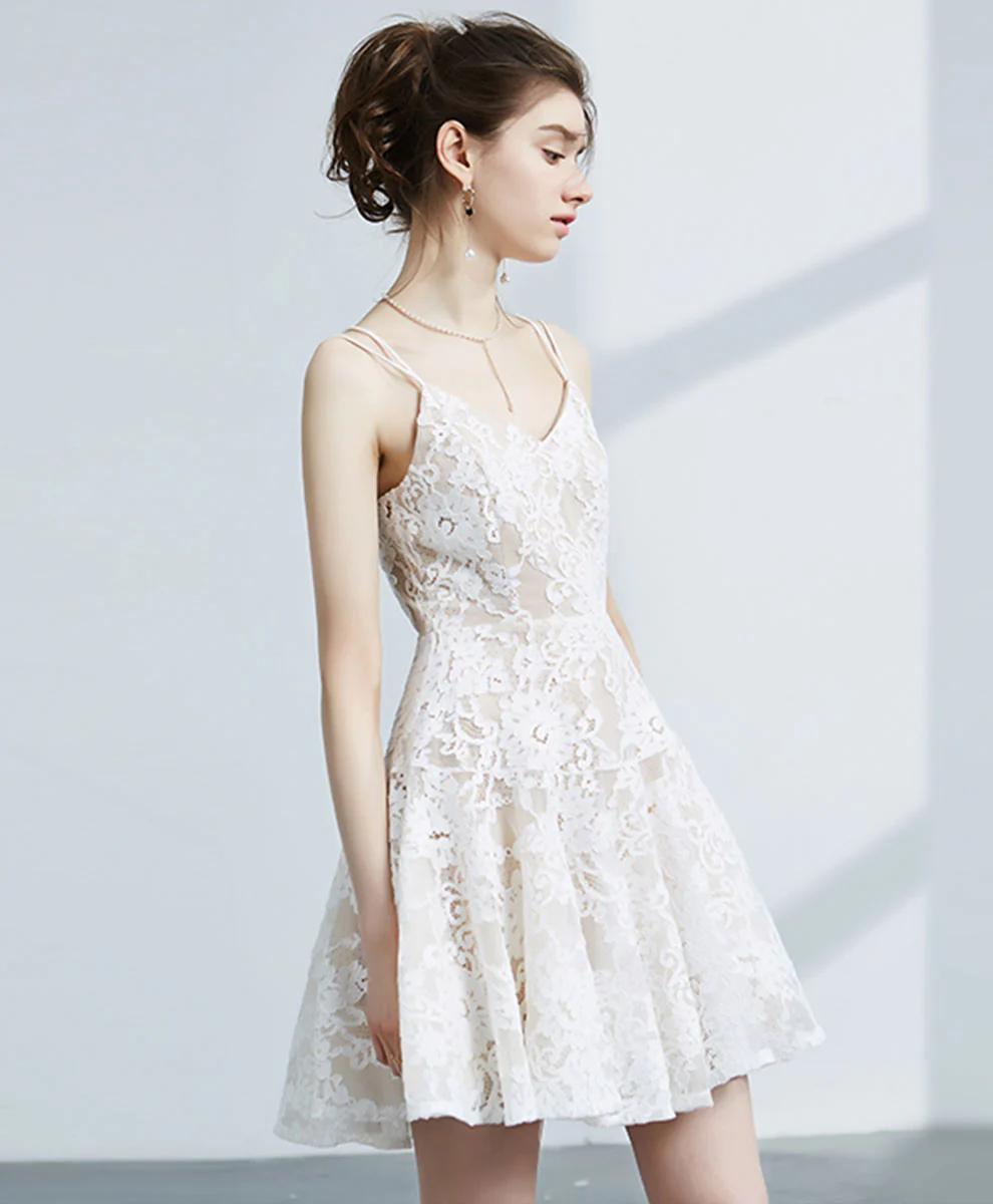 Cute White V Neck Lace Short Prom Dress White Homecoming Dress - Deanwangkt