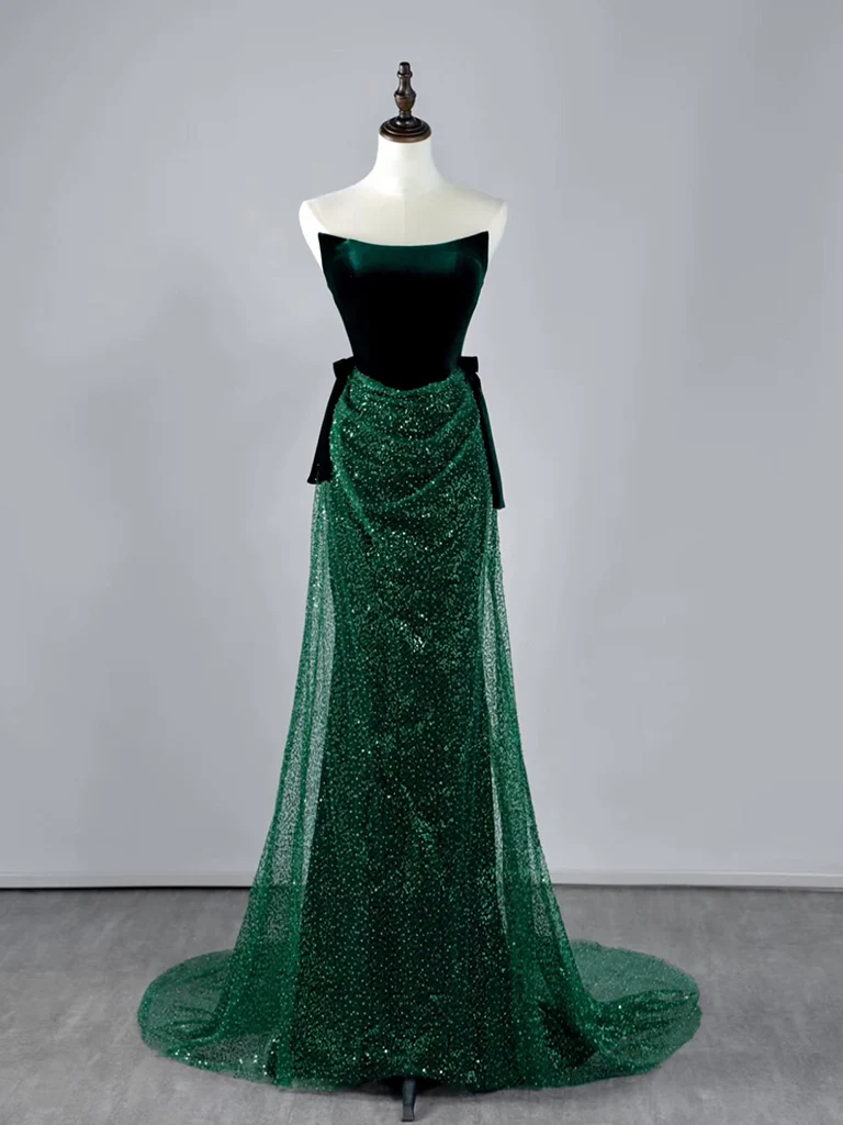 Mermaid Tulle Velvet Green Long Prom Dress, Green Long Formal Dress - Deanwangkt