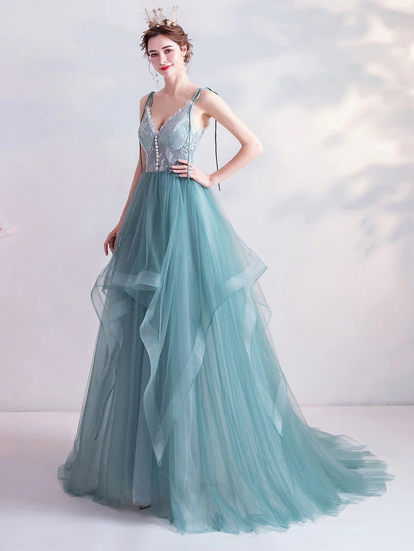 Green V Neck Tulle Lace Long Prom Dress Green Evening Dress - Deanwangkt