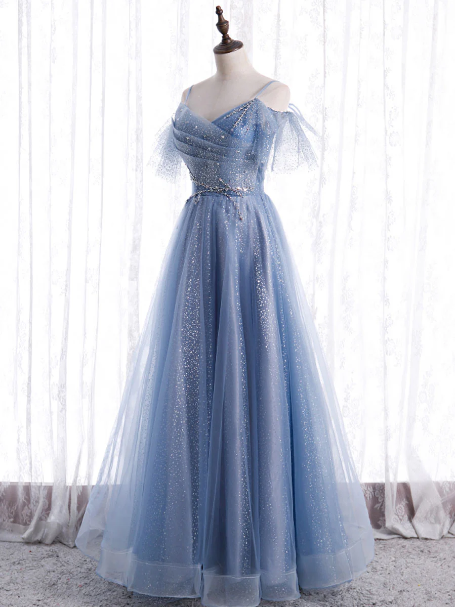 Elegant  A line Tulle Sequin Blue Long Prom Dress, Tulle Blue Formal Evening Dress - Deanwangkt