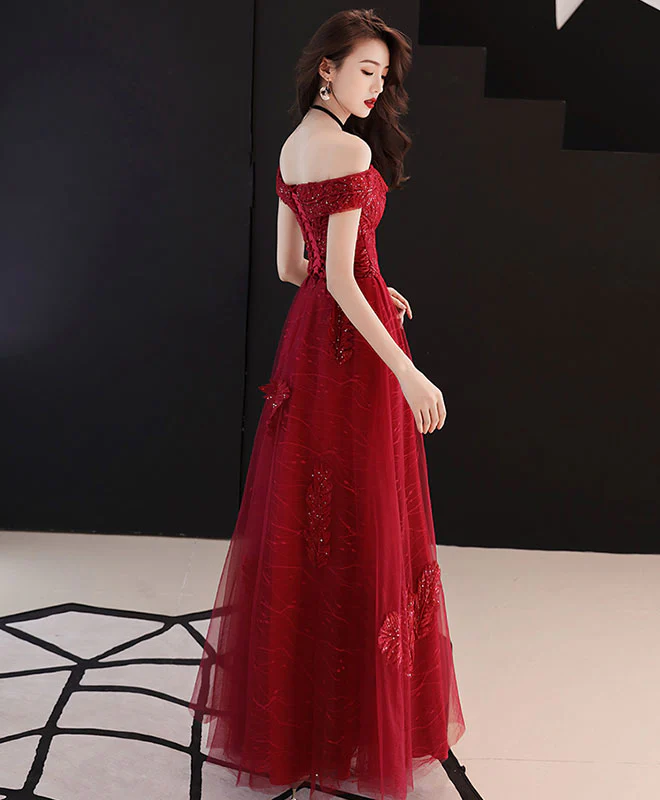 Burgundy Tulle Lace Off Shoulder Prom Dress, Burgundy Evening Dress - Deanwangkt