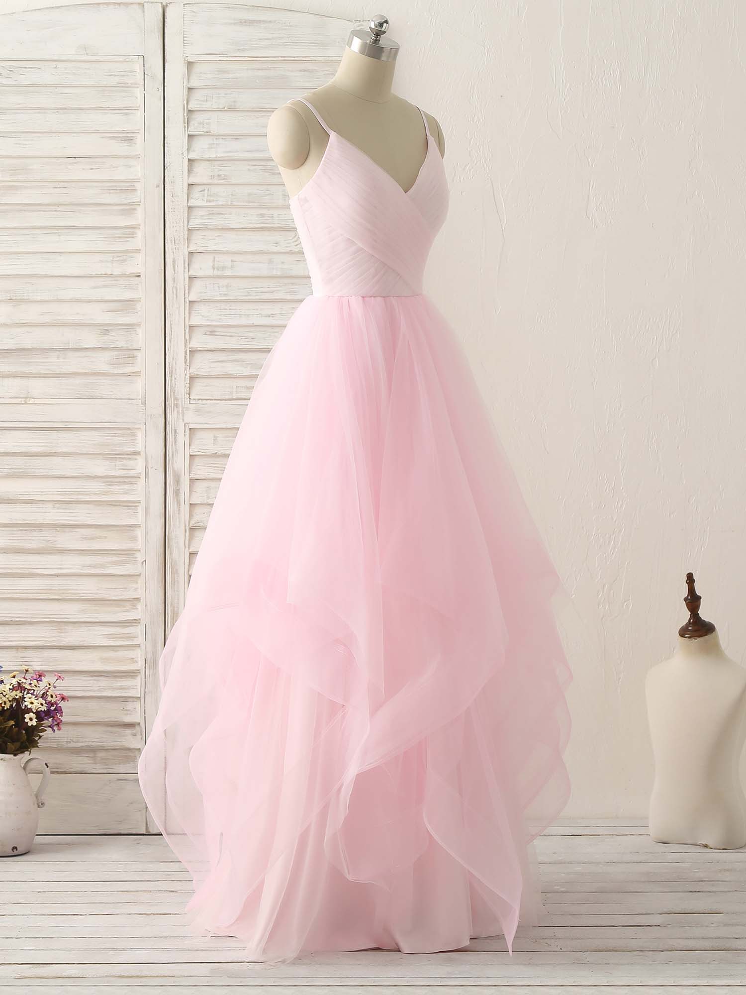 Pink V Neck Tulle Long Prom Dress Simple Pink Tulle Evening Dress - Deanwangkt