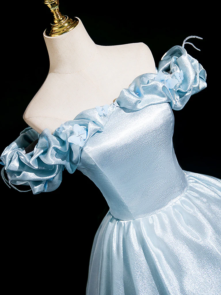 A-Line Off Shoulder Satin Blue Long Prom Dress, Blue Long Formal Dress - Deanwangkt