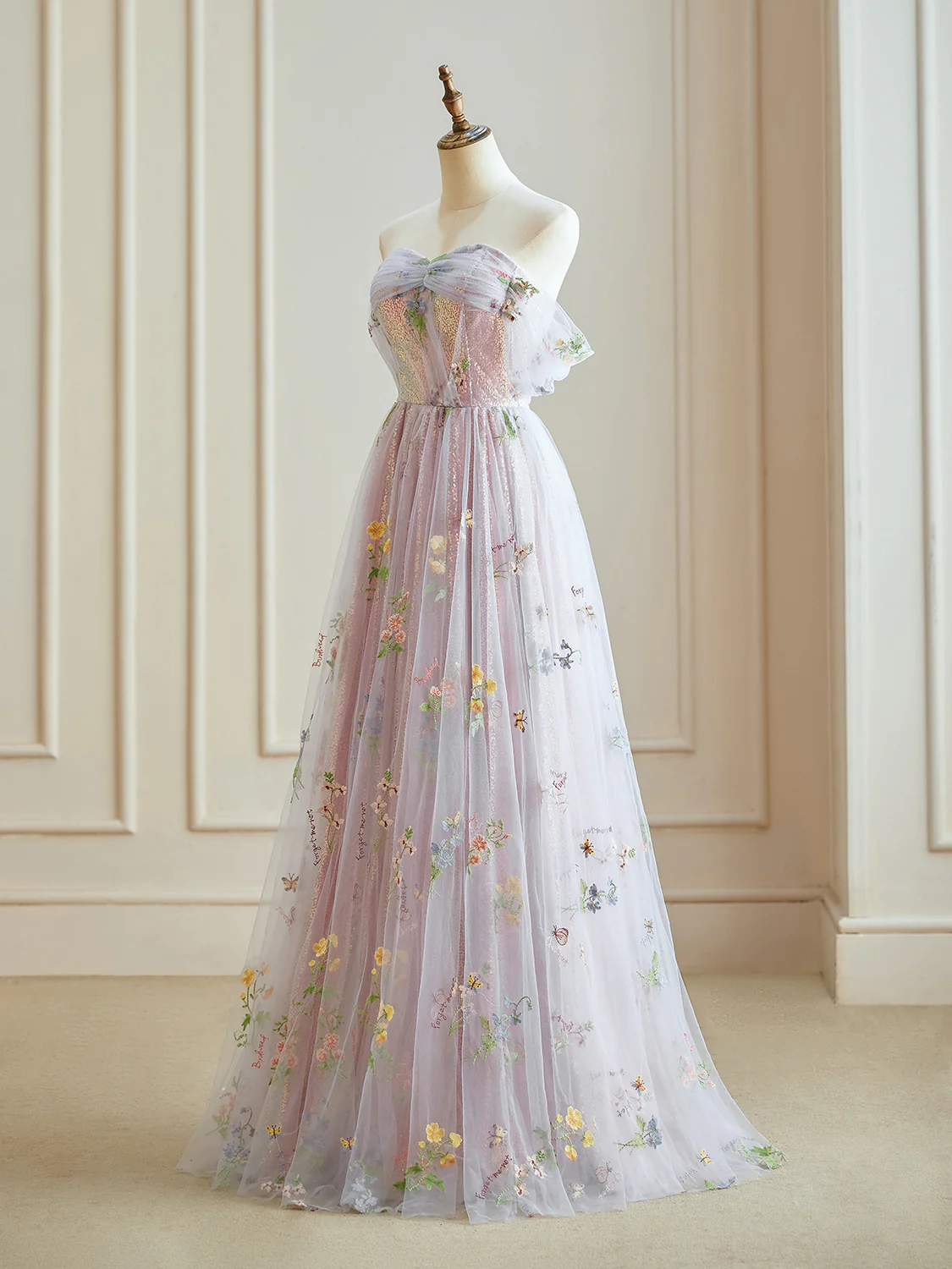 A-Line Off Shoulder Tulle Lace Sequin Purple Long Prom Dress, Purple Sequin Long Evening Dress - Deanwangkt