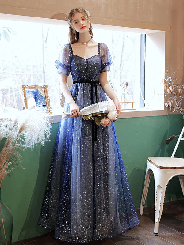 A-line Tulle Starry Blue Long Prom Dress, Blue Formal Graduation Dresses - Deanwangkt