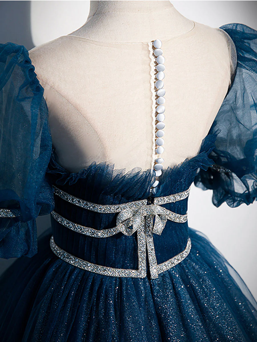 Blue Tulle Off Shoulder Long Prom Dress, Blue Tulle Formal Dress - Deanwangkt