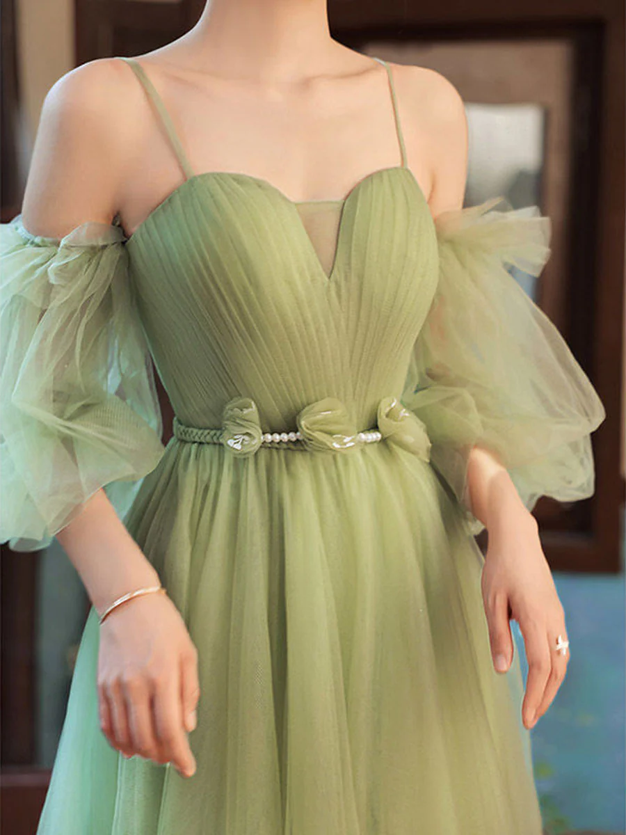 Simple A line Green Long Prom Dress, Green Tulle Bridesmaid Dress - Deanwangkt