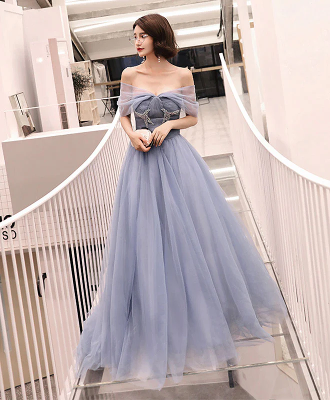 Gray Tulle Long Prom Dress, Gray Evening Dress - Deanwangkt