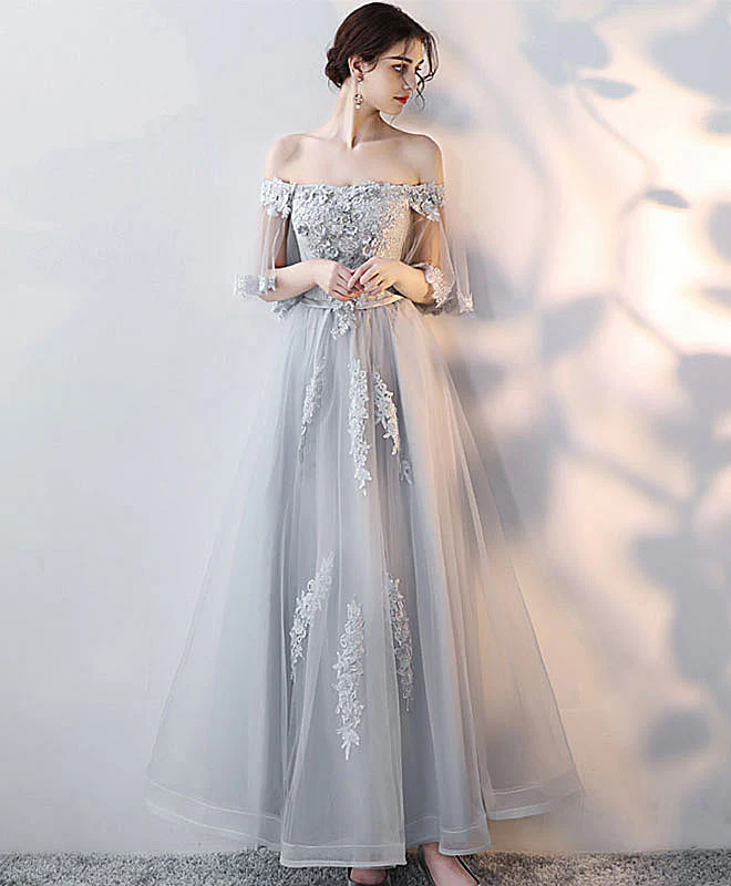 Gray Tulle Lace Long Prom Dress, Lace Evening Dress - Deanwangkt