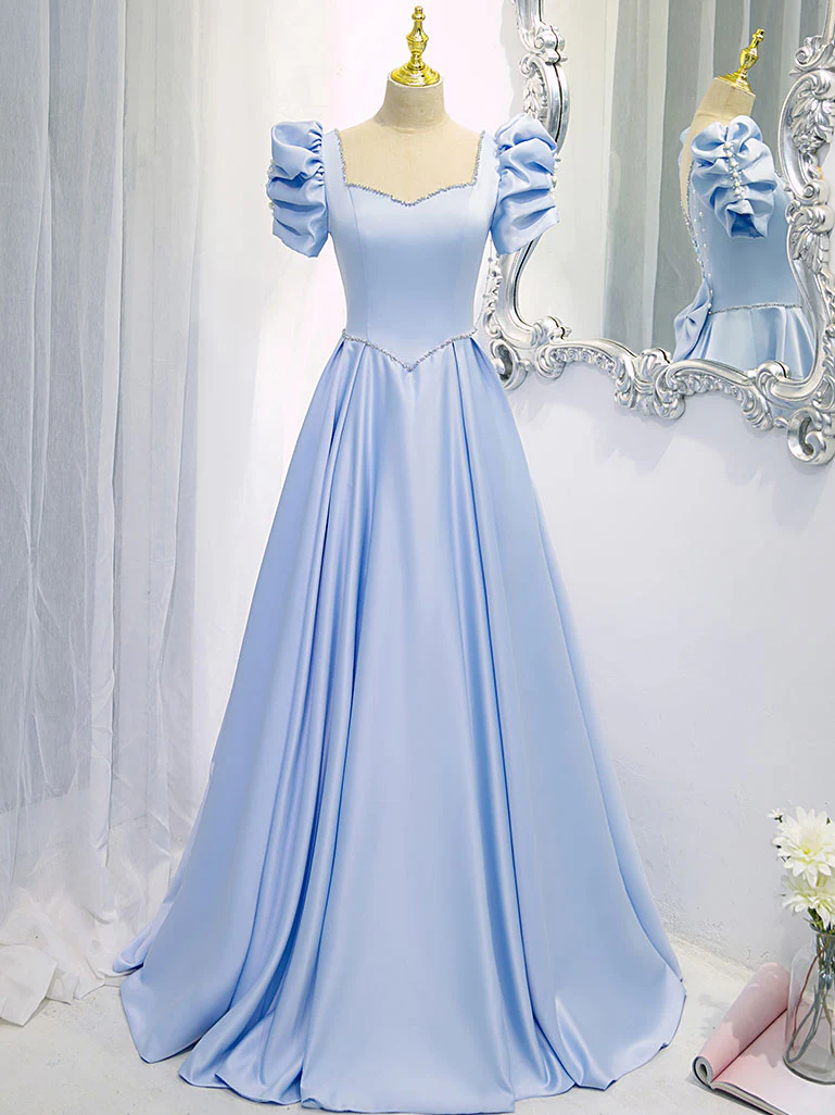 Blue Satin Backless Long Prom Dress, Blue Evening Dress - Deanwangkt
