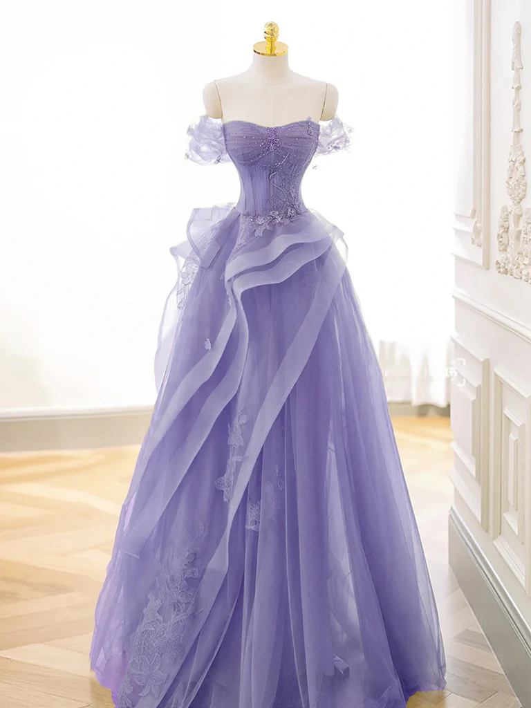 A-Line Off Shoulder Tulle Lace Purple Long Prom Dress, Purple Lace Long Formal Dress - Deanwangkt