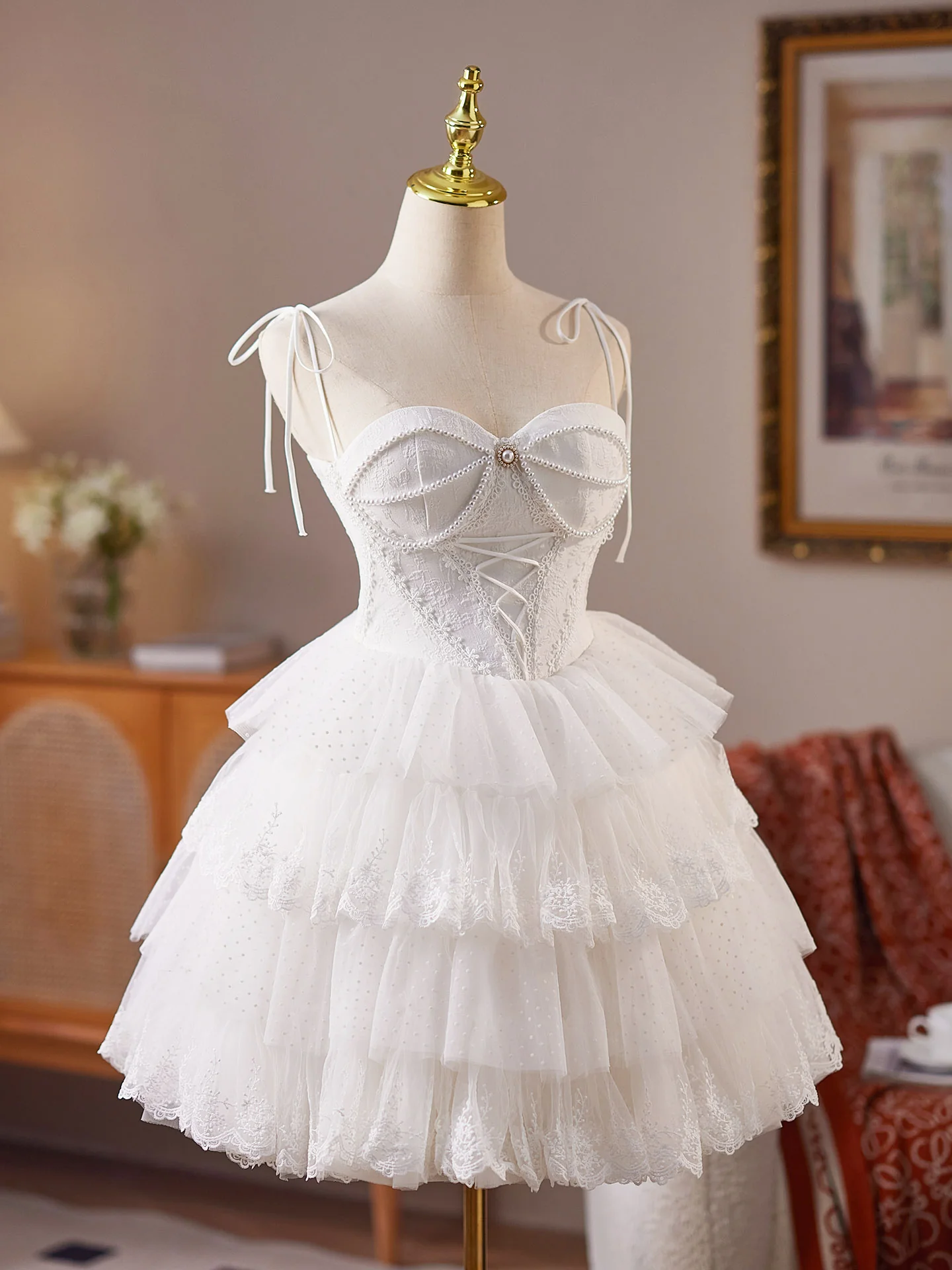 A-line Sweetheart Neck Tulle Lace White Short Prom Dress, White Homecoming Dress - Deanwangkt