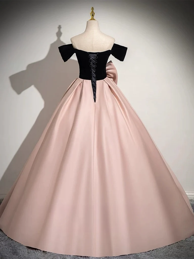 A-Line Off Shoulder Satin Pink Long Prom Dress, Pink Long Formal Dress - Deanwangkt
