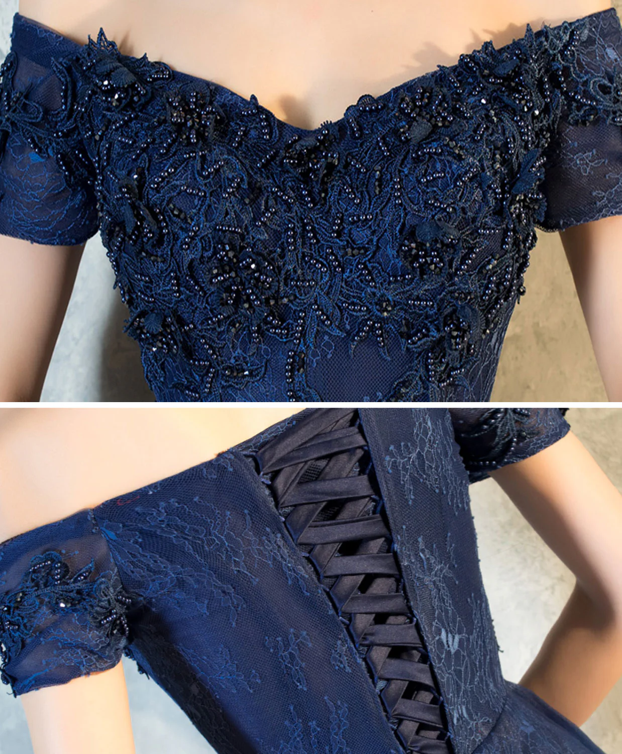 Blue Lace Off Shoulder Long Prom Dress, Blue Evening Dress - Deanwangkt