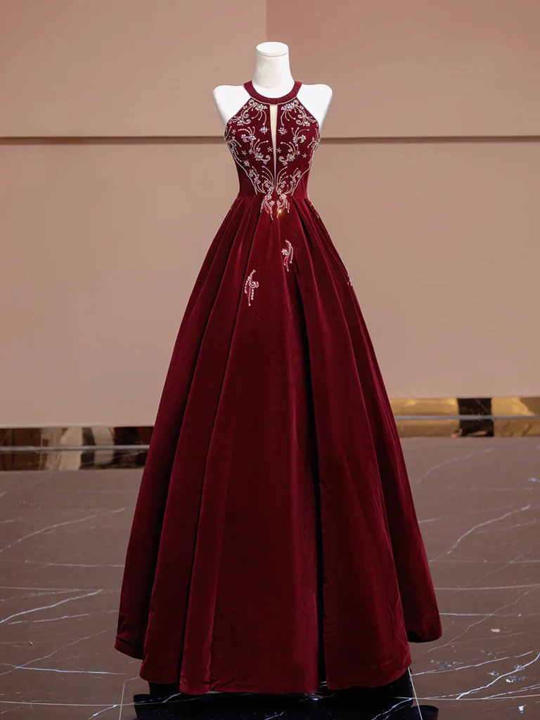 A-Line Velvet Beads Sequin Burgundy Long Prom Dress, Burgundy Long Formal Dress - Deanwangkt