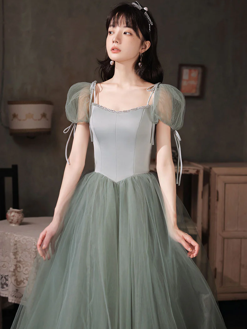 Gray Green Tulle Long Prom Dress, Green Tulle Formal Dress - Deanwangkt