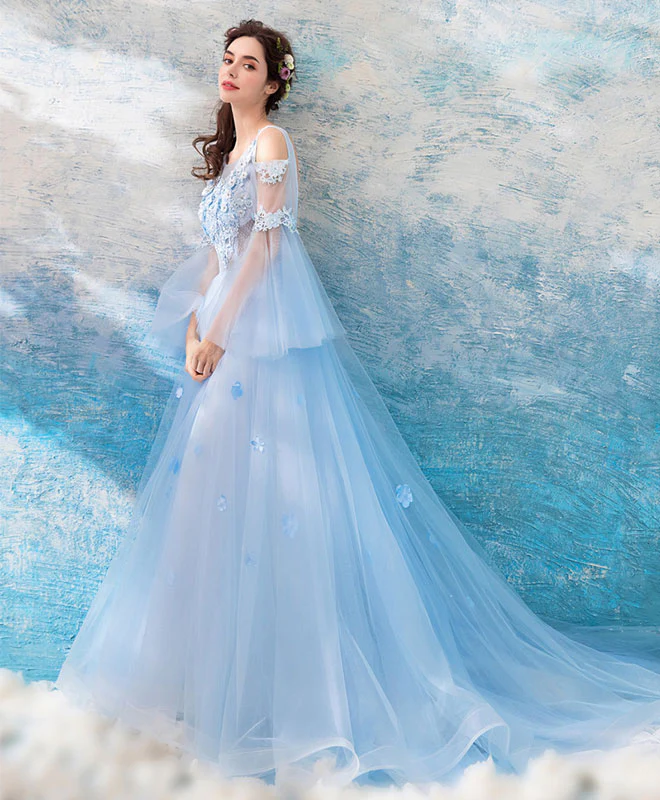 Blue Round Neck Tulle Lace Long Prom Dress, Blue Long Evening Dress - Deanwangkt
