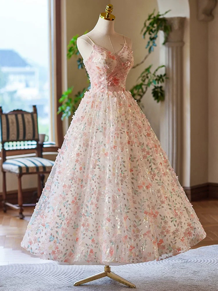 A-Line V Neck Flower Lace Tea Length Pink Prom Dress, Pink Formal Dress - Deanwangkt