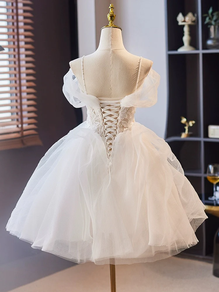 A-Line Off Shoulder Tulle Lace Short Prom Dress, White Homecoming Dress - Deanwangkt