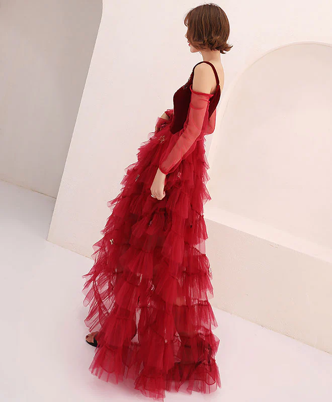 Burgundy Tulle Off Shoulder Long Prom Dress, Burgundy Evening Dress - Deanwangkt